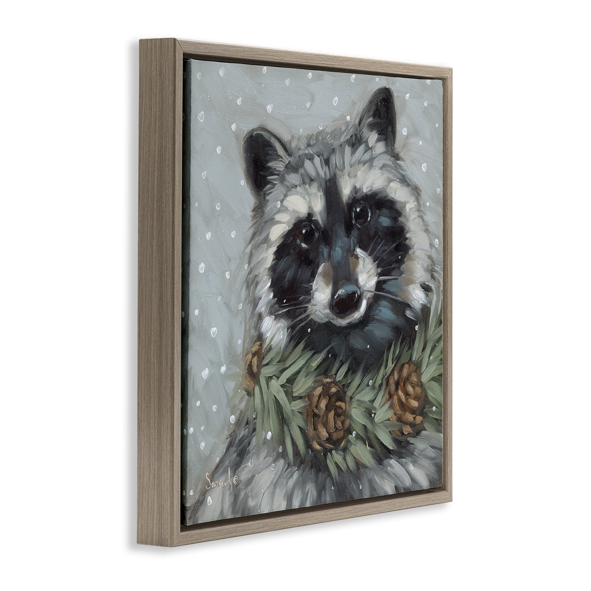 Stupell Industries Raccoon with Pinecones Holiday Painting Brown Floater Framed Canvas Art Prints Wall Art, 18 x 18