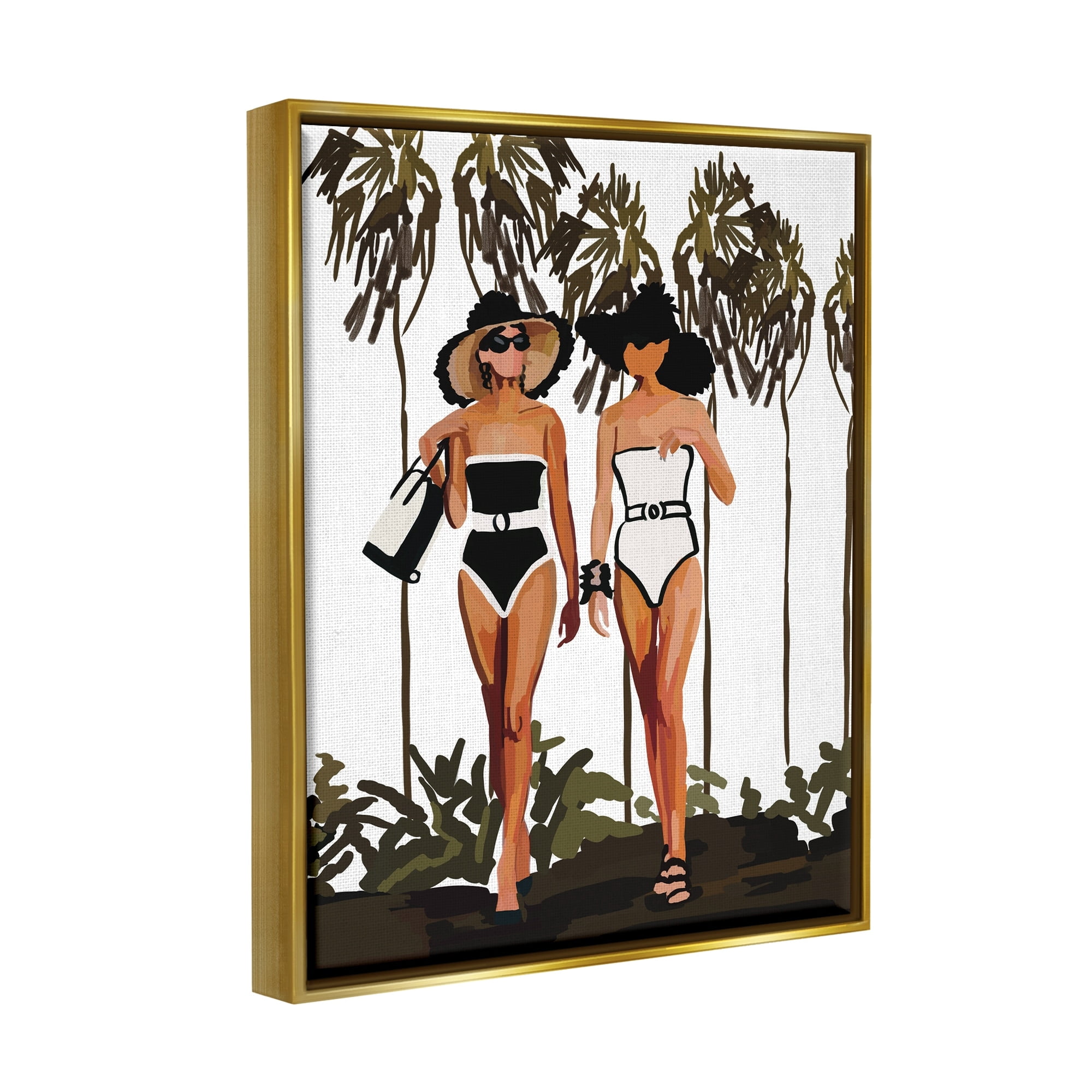 Stupell Industries Beach Babes Strolling Tropical Summer Beach Adventure Graphic Art Metallic Gold Floating Framed Canvas Print Wall Art, Design by Amelia Noyes