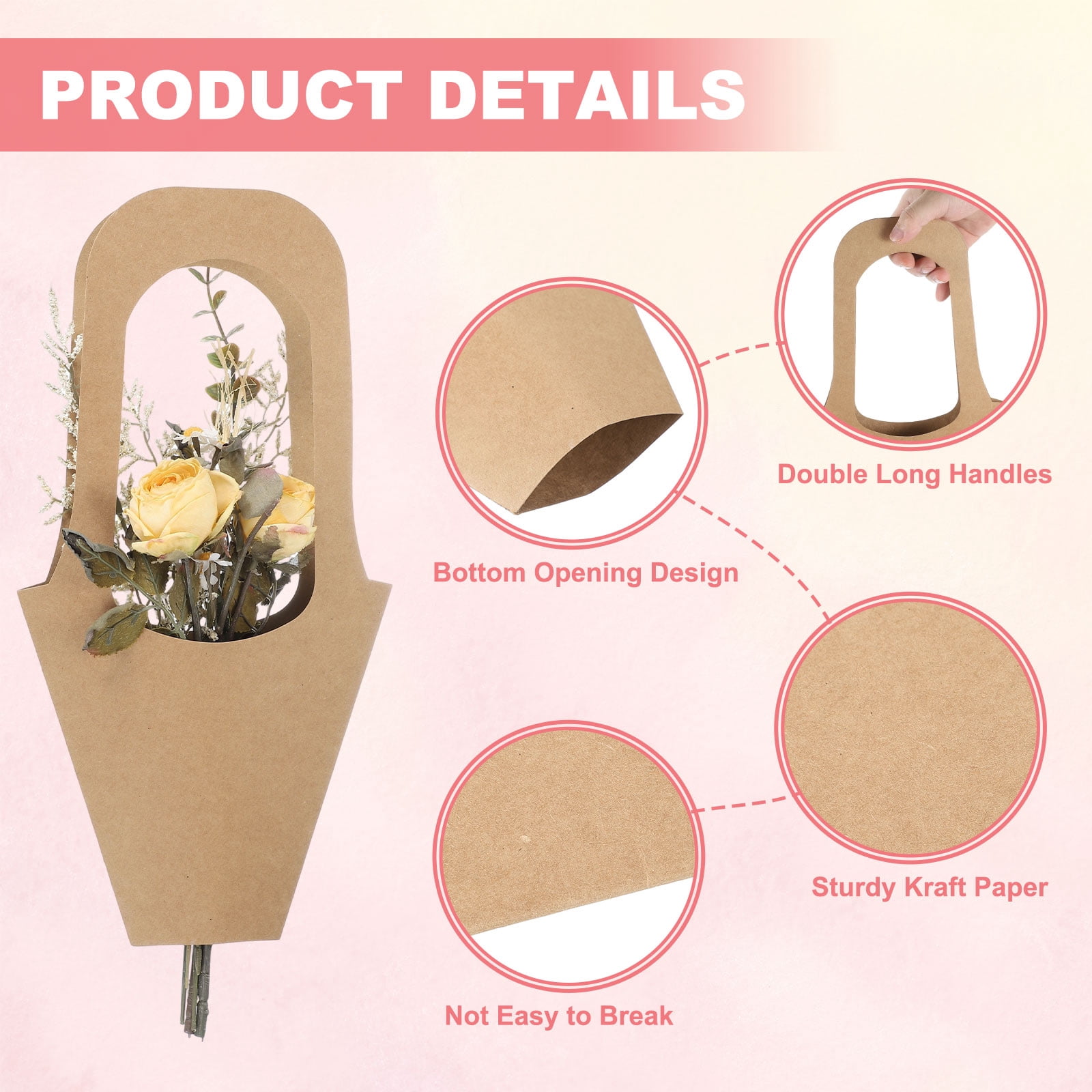 Uxcell Flower Wrapping Bag with Handle, Kraft Paper 25 Pack, Brown, 13.8x7.5x3"