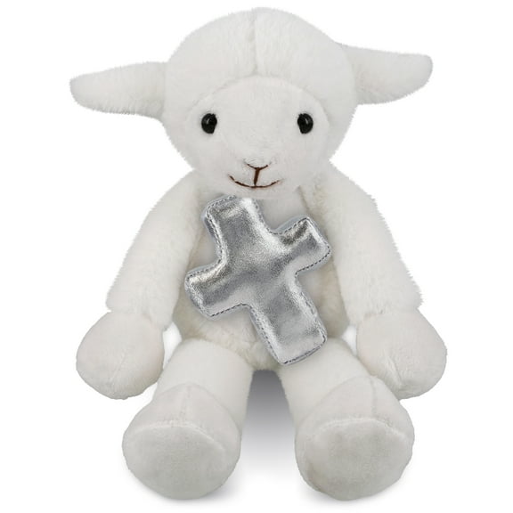 DolliBu Long Leg Lamb Stuffed Animal with Silver Cross Plush - Religious Baptism Gifts for Boys and Girls, Cute Baby Dedication Christening Gifts Plush Prayer Toy Healing Teddy Bear - 10.5 Inches