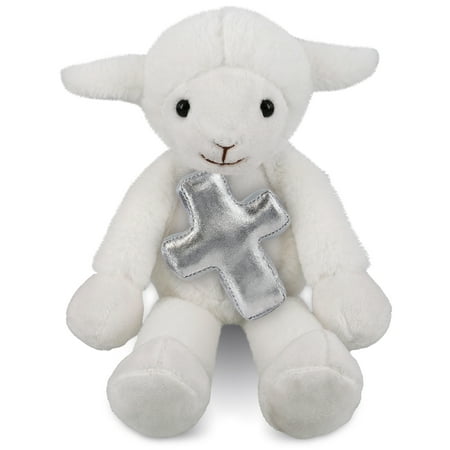 DolliBu Long Leg Lamb Stuffed Animal with Silver Cross Plush - Religious Baptism Gifts for Boys and Girls Cute Baby Dedication Christening Gifts Plush Prayer Toy Healing Teddy Bear - 10.5 Inches