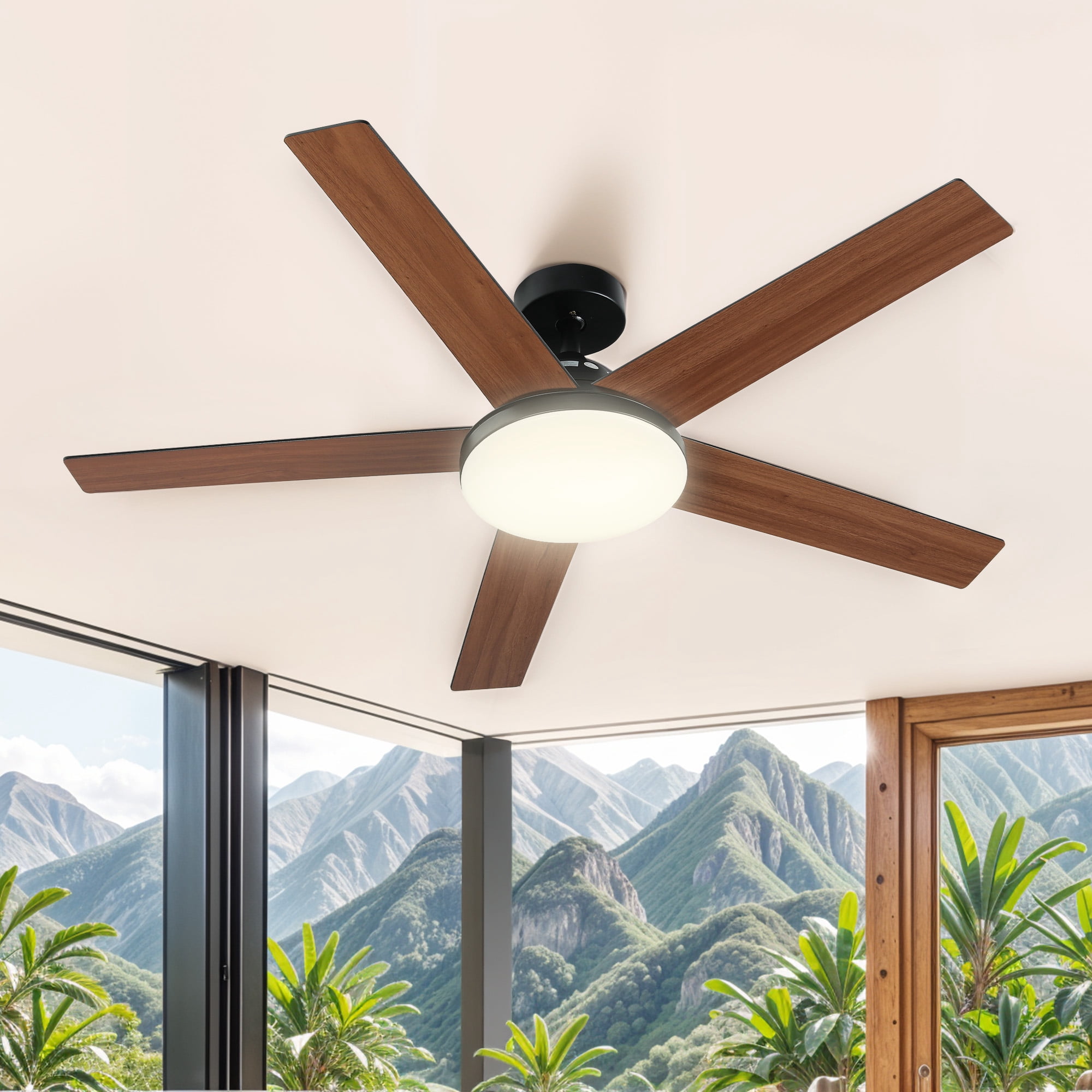 Uforic 52" Downrod Ceiling Fans with Light and Remote Control,5 Blades Outdoor Ceiling Fan - Brown