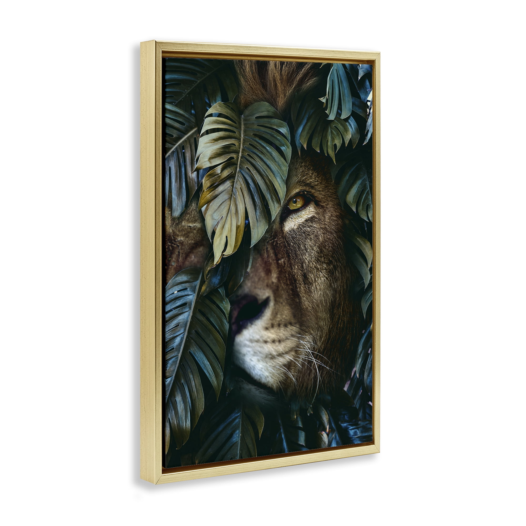 Stupell Industries Lion Peering Monstera Leaves Plants & Flowers Painting Gold Floater Framed Canvas Art Print Wall Art, 17 x 25