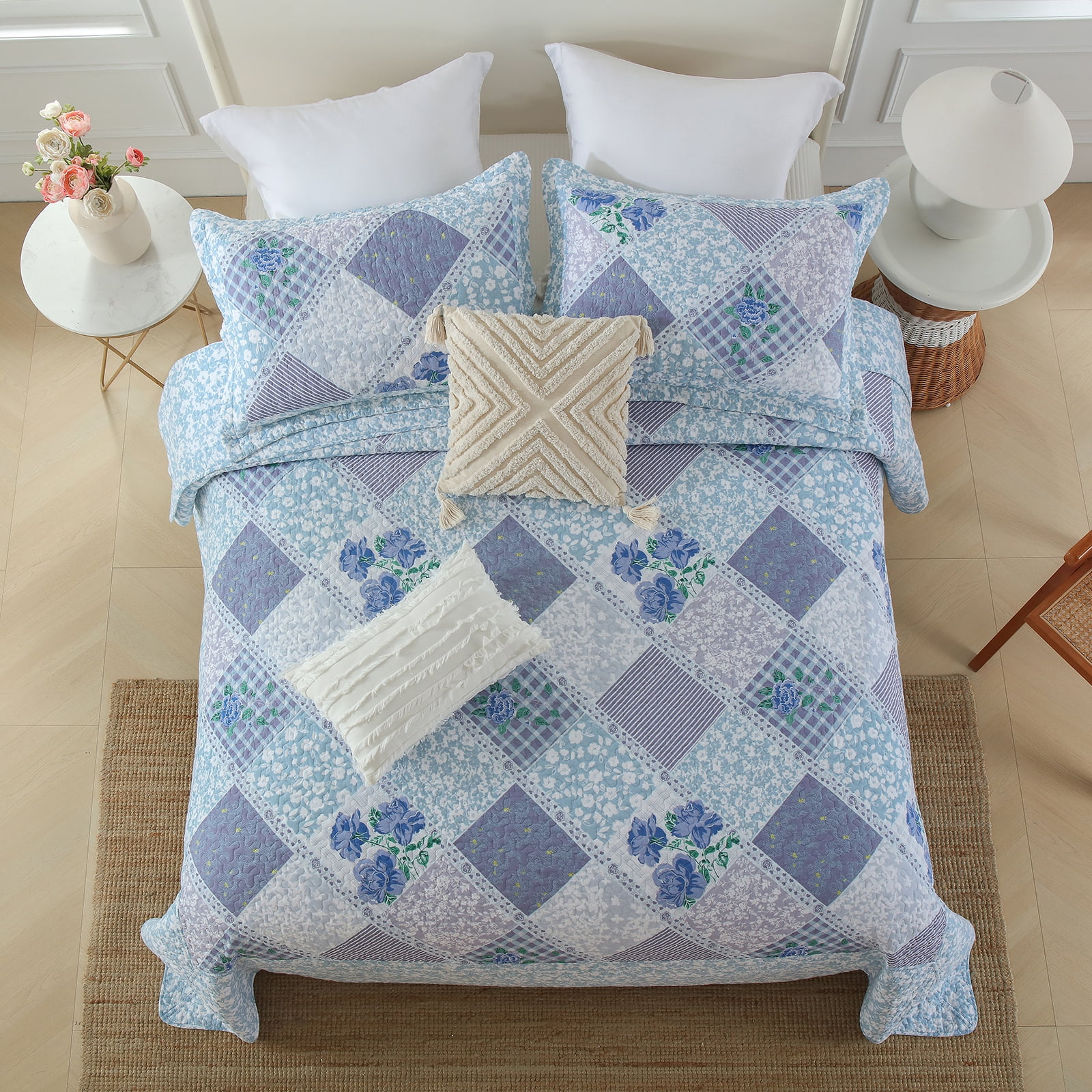 PANGUSHAN 100% Cotton 128"x120" Oversized California King Bedspread Coverlet Quilt Set, Cal King Quilted Bedspread Extra Large Wide Quilt, Floral XL Bed Spread Lightweight Comforter, 3pc, Blue/Violet