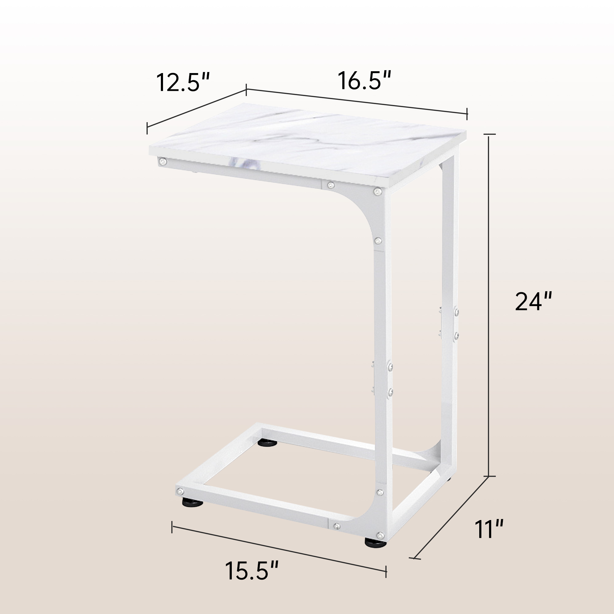 Melocadol C-Shaped End Table, C Shaped Under Couch Slider, Small Side Tables with Metal Frame, Adjustable Feet, for Living Room, Bedside, Sofa, TV Dinner, Recliner, White