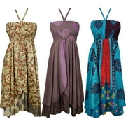 Mogul Wholesale Lot Of 3 Pcs Womens Sundress Recycled Silk Sari Vintage Two Layer Exotic Hypnotic Halter Dress