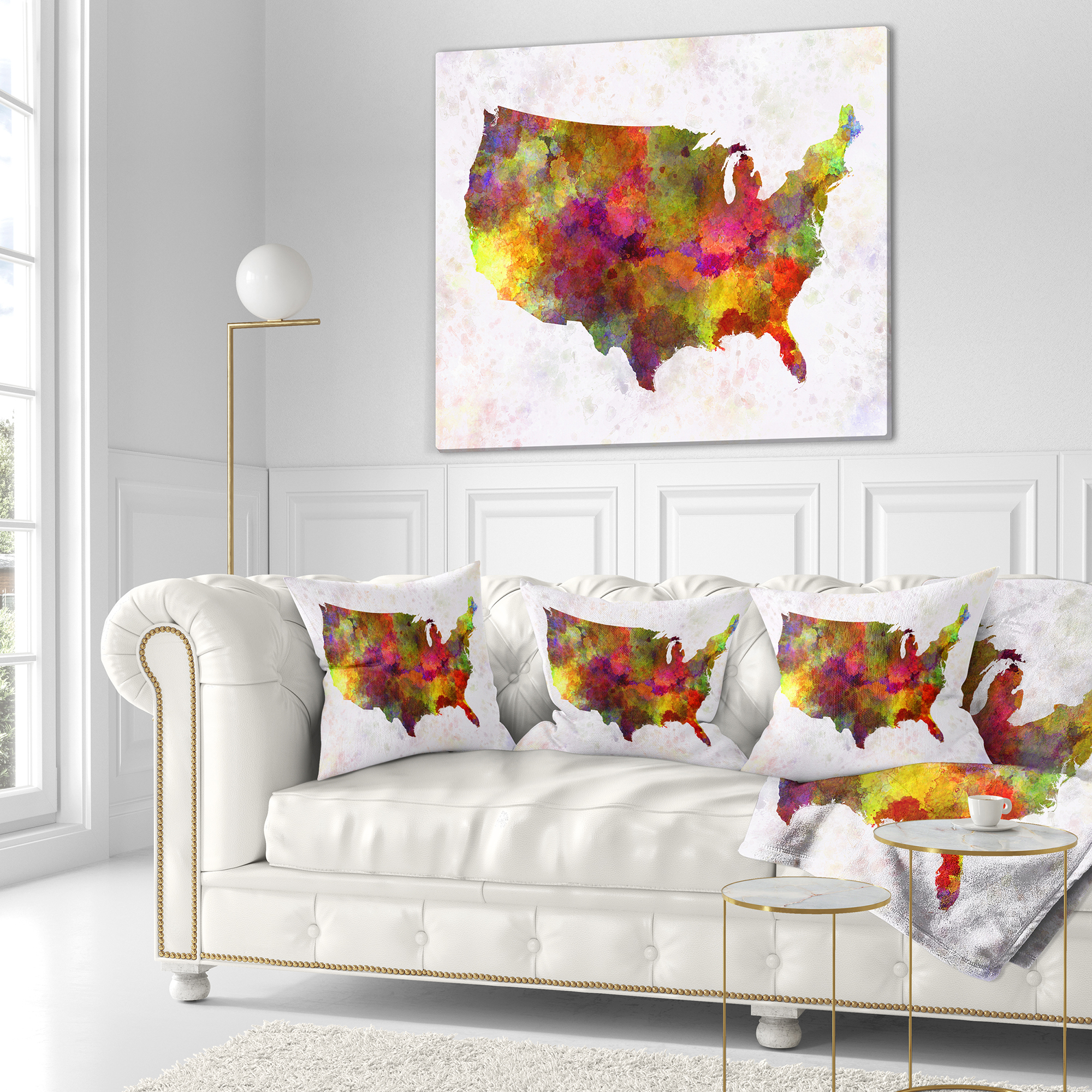 Designart United States Map in Colors - Watercolor Painting Throw Pillow - 18x18