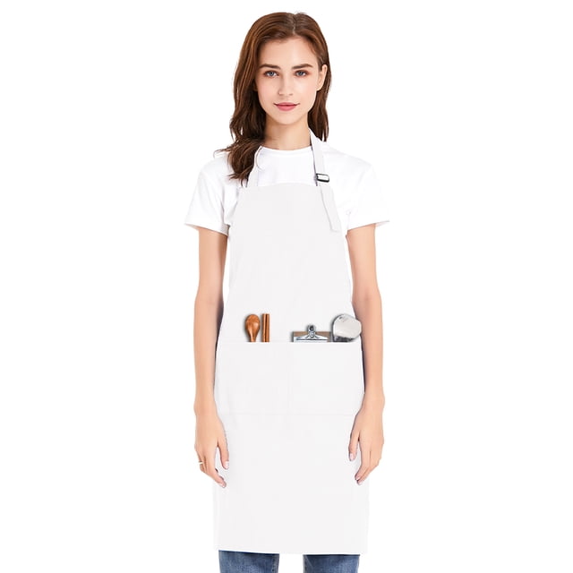 TOPTIE Unisex Bib Apron, Cotton Canvas Adjustable Chef Cooking Apron with Pockets-White-XL