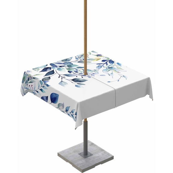 Fsddascl Blue Teal Eucalyptus Leaves Outdoor Tablecloth - 54x54 Inch Square Dining Table Cover, Watercolor Weeping Botanical Waterproof Outdoor Table Cloth with Umbrella Hole & Zipper for Patio
