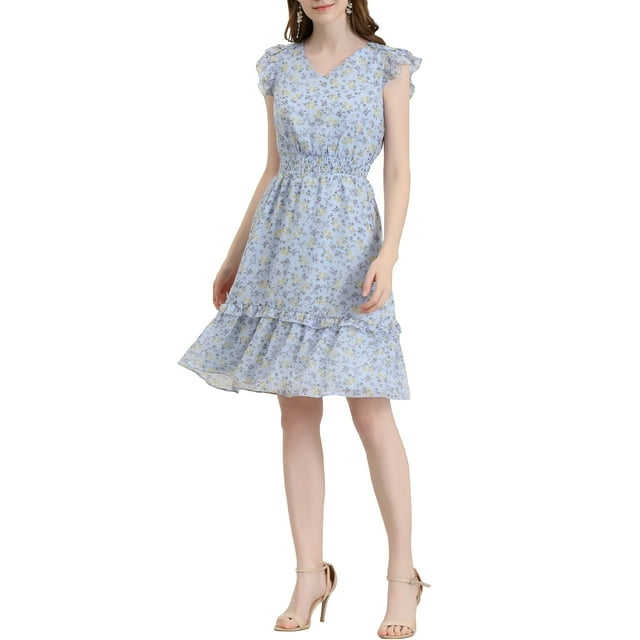 INSPIRE CHIC Robe pour Femme à Fleurs Manches Volantées Col en V Smockée à Volants Robes Décontractées Bleu Pâle S