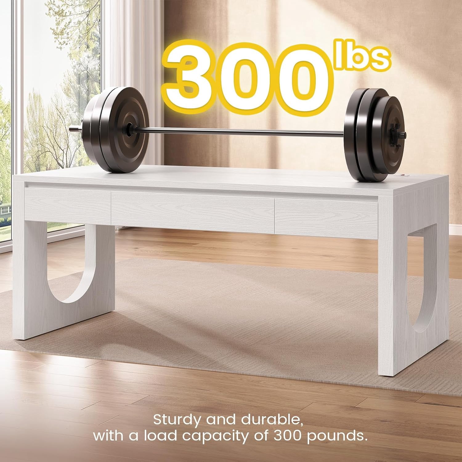 SEDETA 55" Office Desk with 3 Drawers, Modern Executive Desk with U-Shaped Legs, Wood Computer Desk with Power Outlet, Home Office Desks with Relief Texture, White