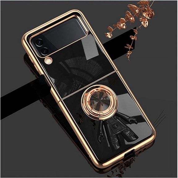 Astronaut Phone Case Compatible with Samsung Galaxy Z Flip 3 Plating Case with Magnetic Ring Kickstand Support Car Wireless Charging,Black
