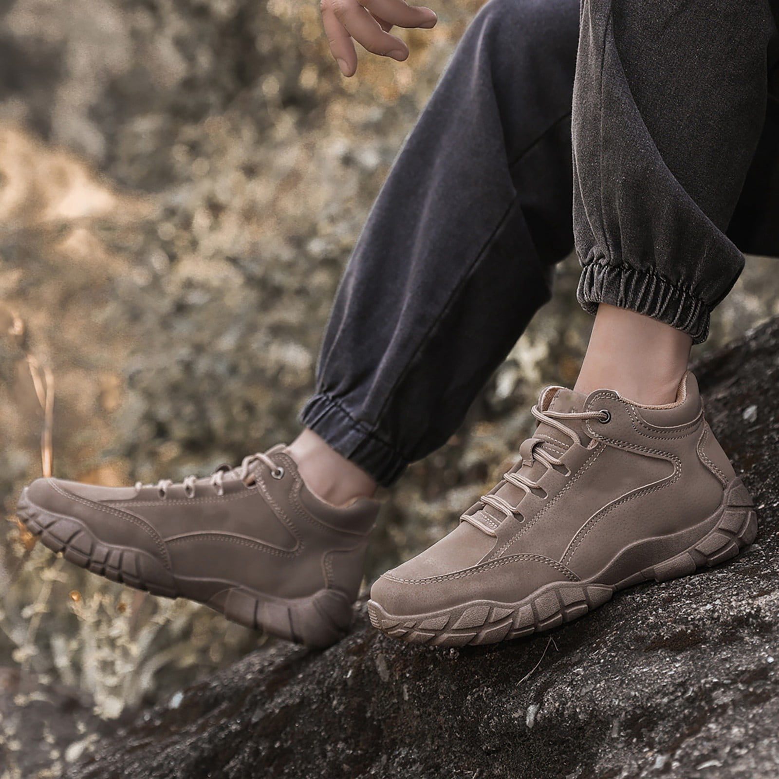 AUDeals Men's Suede Hiking Shoes, Lace Up Waterproof Sneakers with Lug Sole, Lightweight Non Slip Outdoor Adventure Shoes (Brown, 8.5)
