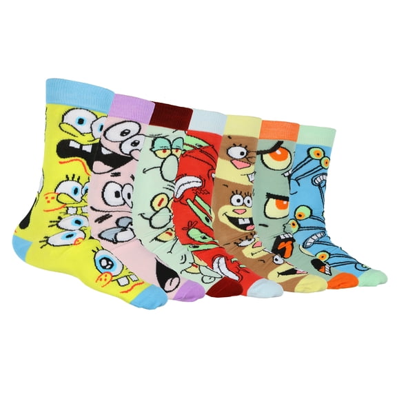 SpongeBob Squarepants Socks Men's Allover Character Designs 7-Pair Adult Crew Sock Set