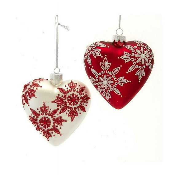 Set of 2 RED & WHITE SNOWFLAKE HEART Glass Christmas Ornaments by Kurt Adler