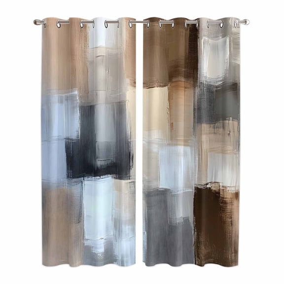 Abstract Gray Brown Kitchen Curtains 84 Inch Length, Oil Painting Color Blocks Grommet Top Bedroom Living Room Curtains, Light Filtering Cafe Curtain Drapes 2 Panels Set 84''x84''