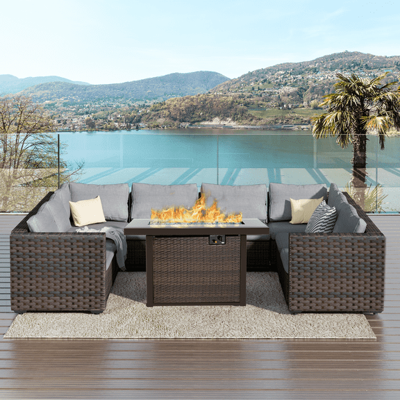 TANGJEAMER 9 Piece Patio Furniture Set with Fire Pit Table, All Weather Outdoor Sectional PE Rattan, Patio Conversation Sets with Cushions and Glass Coffee Table for Garden Lawn Balcony, Grey