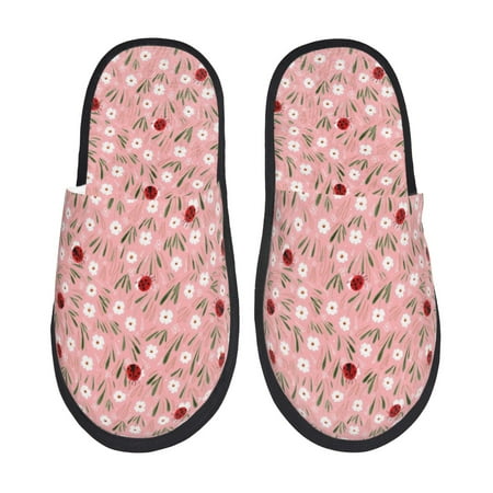 Balery Ladybug And Flowers Slient Indoor Furry Fleece Comfort House Shoes Soft Non-Slip Home Shoes Cotton slippers House Slippers-- Large