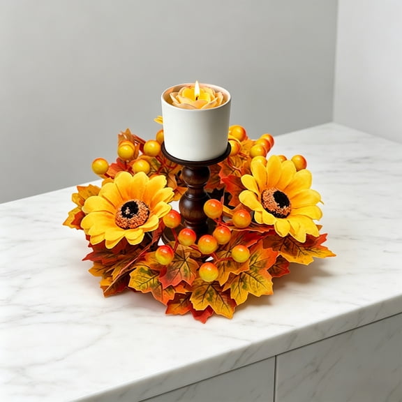 Thanksgiving Candle Ring Wreath, Fall Maple Leaves Pumpkin Berries Candle Rings Wreaths for 3 Inch Center Pillars Thanksgiving Table Centerpieces for Halloween Wedding Autumn Home Party Decor