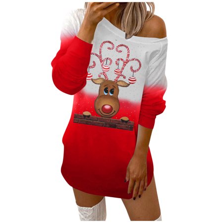 

Yuwegr Women Print Merry Christmas Off-Shoulder Crewneck Long Sleeves Sweatshirt Dress Maternity Midi Dress