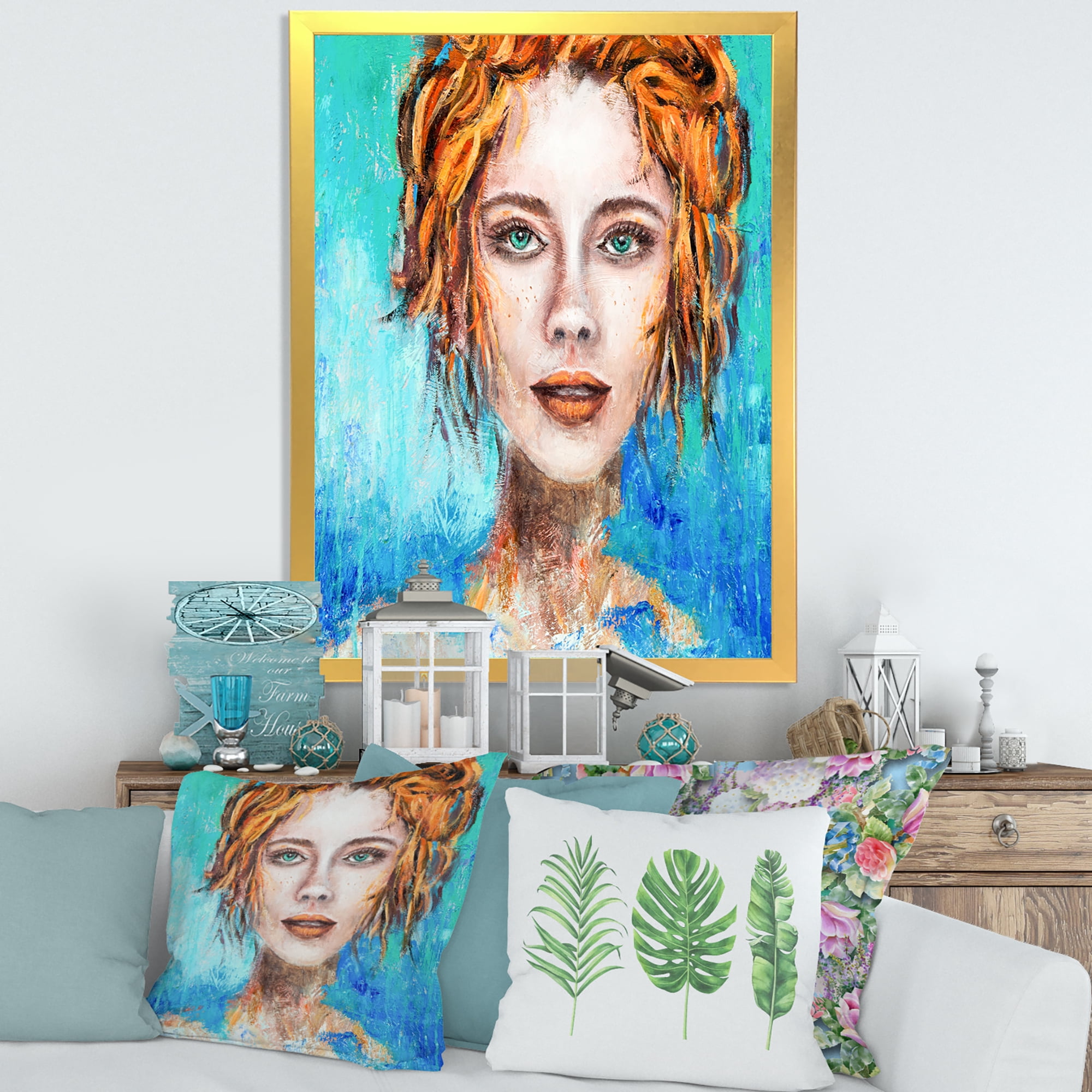 Designart 'A Woman Face With Red Hair And Green Eyes' Modern Framed Art Print