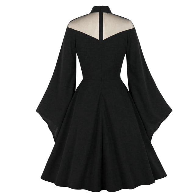 Huanglei Robe Longue Rockabilly Punk Swing Couleur Unie Vintage Manches Robe Gothique de Fête pour Femmes