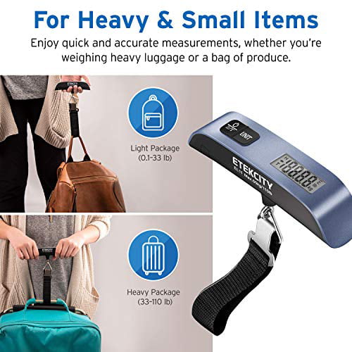 110LB Baggage Scale for Travel with Blue Backlit LCD Display Battery Included Etekcity Hanging Luggage Scales Handheld Digital Portable Suitcase Weight Scale with Hook 