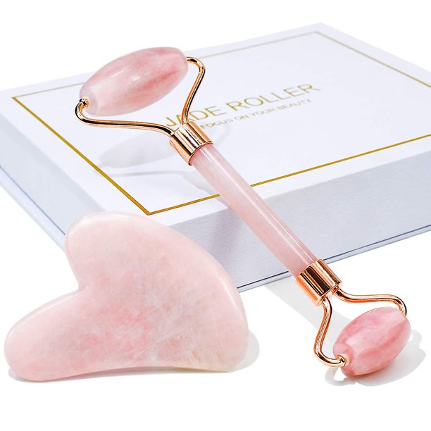 Jade Roller & Gua Sha, Rodillo facial, Rodillo de belleza facial Herramientas para el cuidado de la piel, Masajeador de cuarzo rosa Baimei para rostro, ojos, cuello, Relajación muscular corporal y R,1 Feliz Sencillez