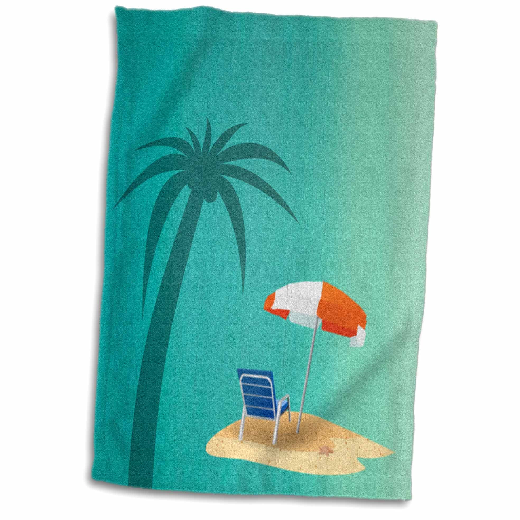 3dRose Print of Palm Tree Beach Chair And Umbrella On Turquoise - Towel ...