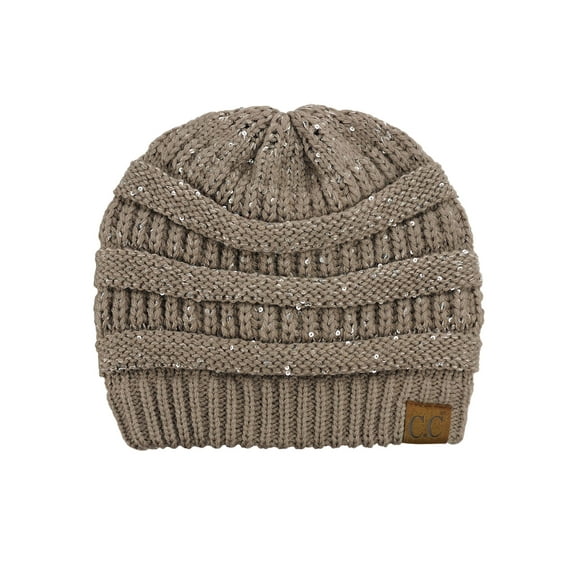 C.C Women's Sparkly Sequins Warm Soft Stretch Cable Knit Beanie Hat-Taupe