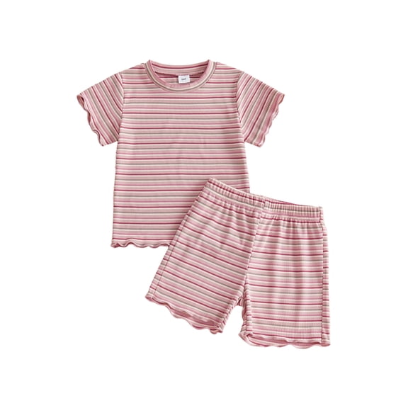 BemeyourBBs Toddler Baby Girl Summer Clothes 6 12 18 24 Months 2 3 4 Years Baby Girl Summer Outfit Ribbed Striped Short Sleeve Lettuce Trim TShirt Tops and Shorts 2 Piece Set