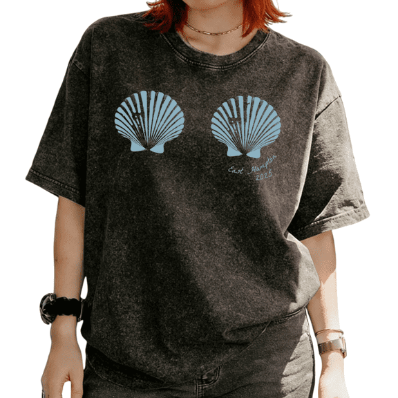 Light Blue Seashell Print East Hampton Graphic Breathable Tees T-shirt Short Sleeve Round Neck Black S-2XL Plus Size
