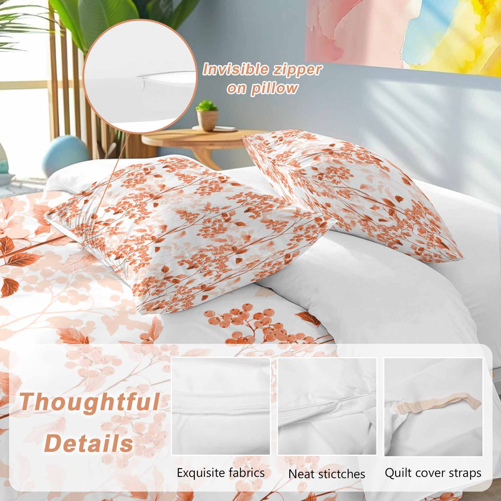 Burnt Orange Botanical Bedding 3 Piece Duvet Cover Set Queen Size, Vintage Nature Flower Soft Microfiber Comforter Cover with Zipper Closure & Pillowcases, Wrinkle & FadeResistant Quilt Cover