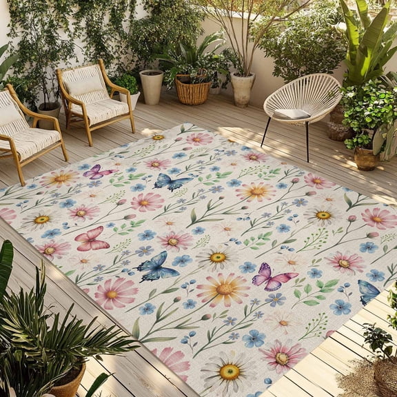 Pink Spring Floral Outdoor Rug for Patio/Deck/Porch, Non-Slip Large Area Rug 5 x 7 Ft, Elegant Pastoral Flowers Butterflies Rustic Indoor Outdoor Rugs Washable Area Rugs, Camping Rug Carpet Runner