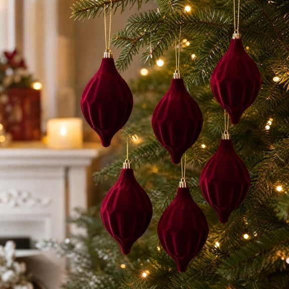 6 Pcs Burgundy Velvet Christmas Tree Ornaments,Irregular Shapes Vintage Finish Hanging Ornament for Xmas Tree Fireplace Window Door,Holiday Party Decor