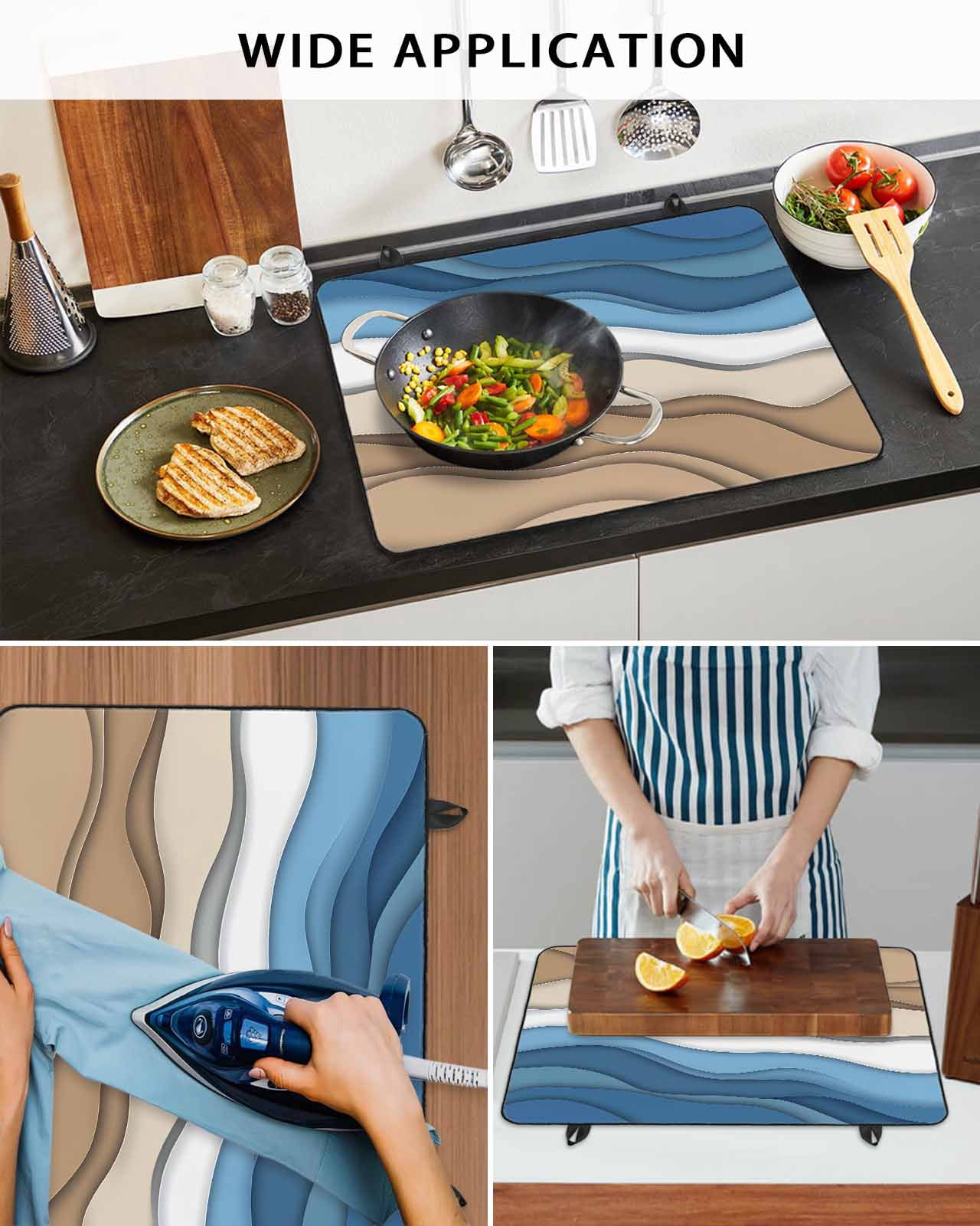 nqOlkjepod Large Induction Cooktop Protector Mat 24"x21", Blue Brown Striped Stove Top Covers for Electric Stove, Modern Gradient Abstract Waves Stove Burner Cover Mats, Glass Top Stove Cover