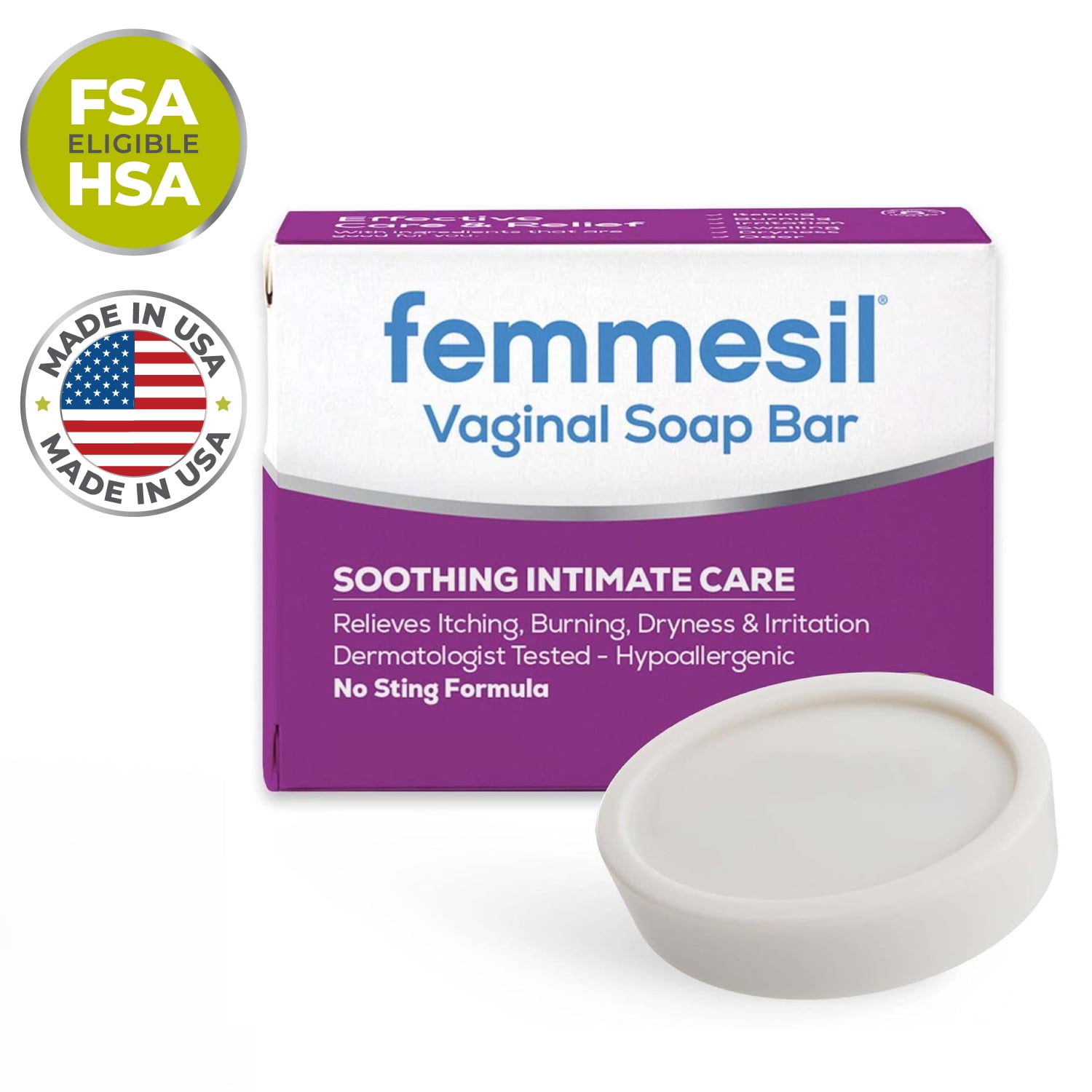 Vaginal Soap Cleansing Bar by Femmesil, Feminine Itch Relief Wash for Adult Women, 75gm Bar