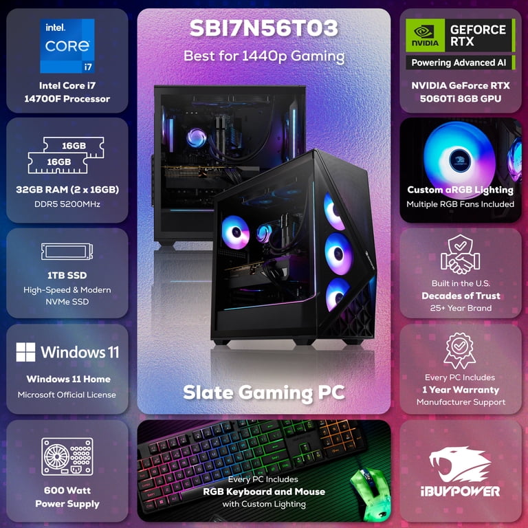 iBUYPOWER Slate Gaming PC Desktop, Intel Core i7 14700F, NVIDIA