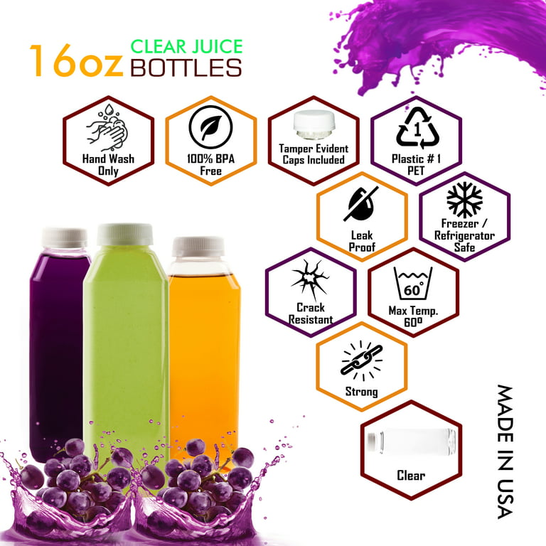 [40 Pack] 16 OZ Clear Square Plastic Juice Bottles with Tamper Evident Caps  - Cold Pressed - Smoothie Bottles - Ideal for Juices, Milk, Smoothies
