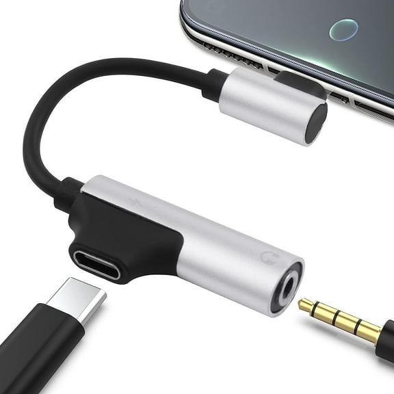 Right Angle USB C to 3.5mm Headphone and Charger Adapter,2 in 1 USB C to Aux Audio Jack & Fast Charging Dongle Cable Compatible with Pixel 4 3 XL P40 P30 (4.6IN / 11.6CM / Silver)