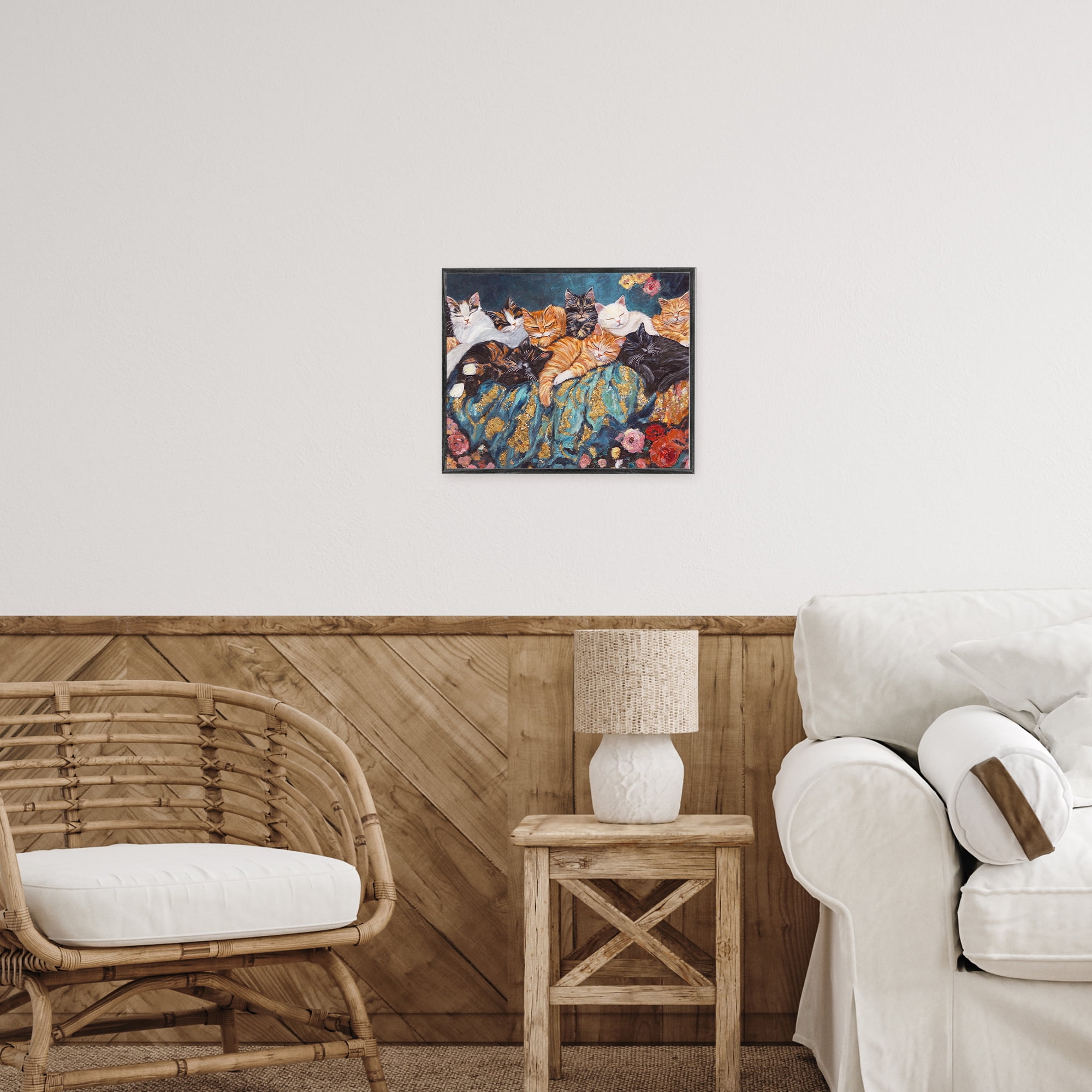 Sleepy Kitty Crowd with Flowers White Framed Giclee Art, design by Sara Culpepper
