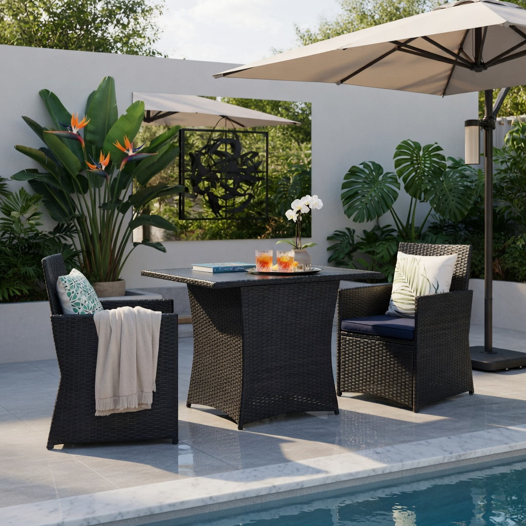 Hommoo 3-Piece Outdoor Rattan Patio Furniture Set, Steel Frame, Tempered Glass Table, Ergonomic Armchairs with Removable Cushions, Navy