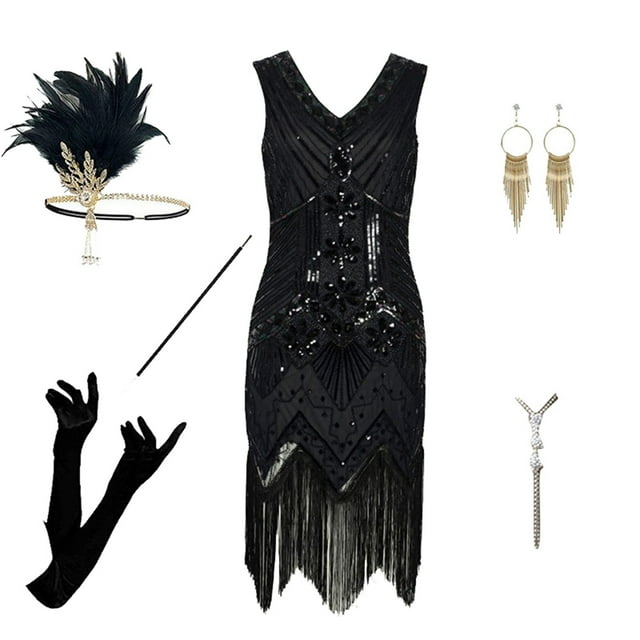 WILLBEST Vestidos Vestido de Noche para Mujer Conjunto de Falda con Flecos y Lentejuelas con Cuentas Grande