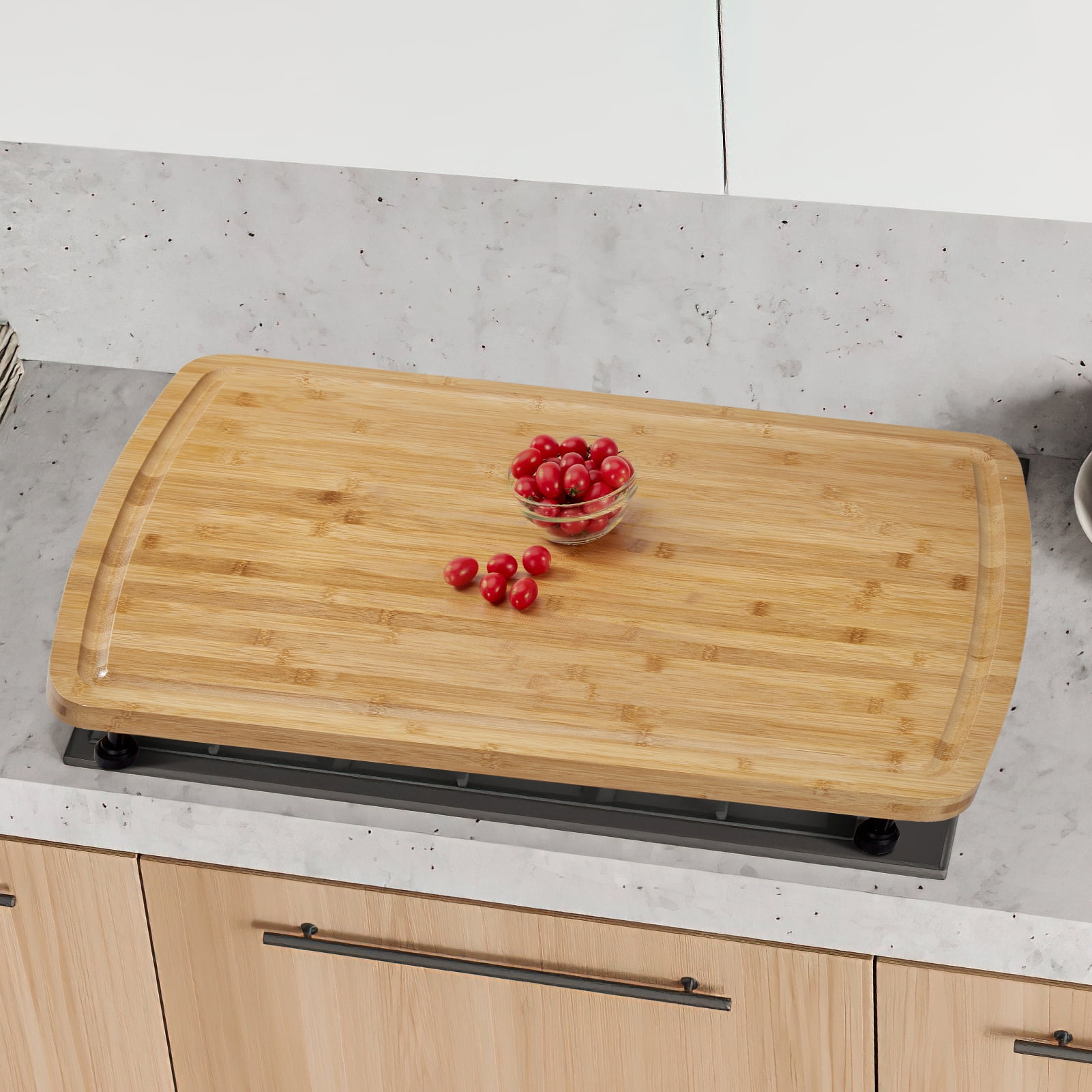 KitchenBam booStovetop Cover Cutting Board with Legs andJui ceGrooves, 30" x 20" Large Stove Top Cover for Gas Burners Stove Top, Cooktop ProtectorNoo dleBoard Stove Cover for RV Stove