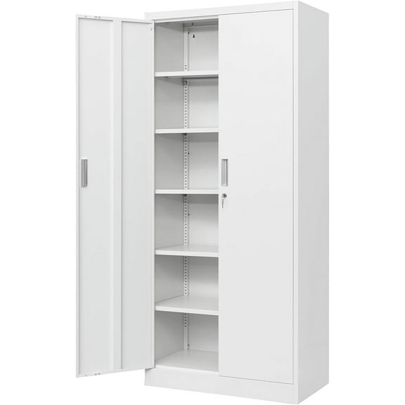 Metal Storage Cabinet, 71”H Locking Storage Cabinet with 5 Adjustable Shelves, Steel Storage Cabinets for Garage, Home, Office, Pantry (White)