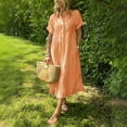 thumbnail image 2 of Fartey Plus Size Striped Shirt Dresses for Women Casual Button Down Lapel Midi Dress Loose Fit Short Sleeve Side Split Dresses Flowy Summer Beach Vacation Sundress Orange 4XL, 2 of 7