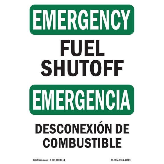 OSHA EMERGENCY Sign - Fuel Shutoff Bilingual | Plastic Sign | Protect Your Business, Construction Site, Warehouse & Shop Area | Made in the USA