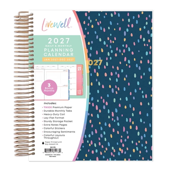 Blue Sky LiveWell 2027 Daily and Monthly Planner Calendar, January 2027 - December 2027, 7" x 9", Laminated Cover, Heavy Duty Coil Binding, Laminated Tabs, Storage Pocket, Nova Navy