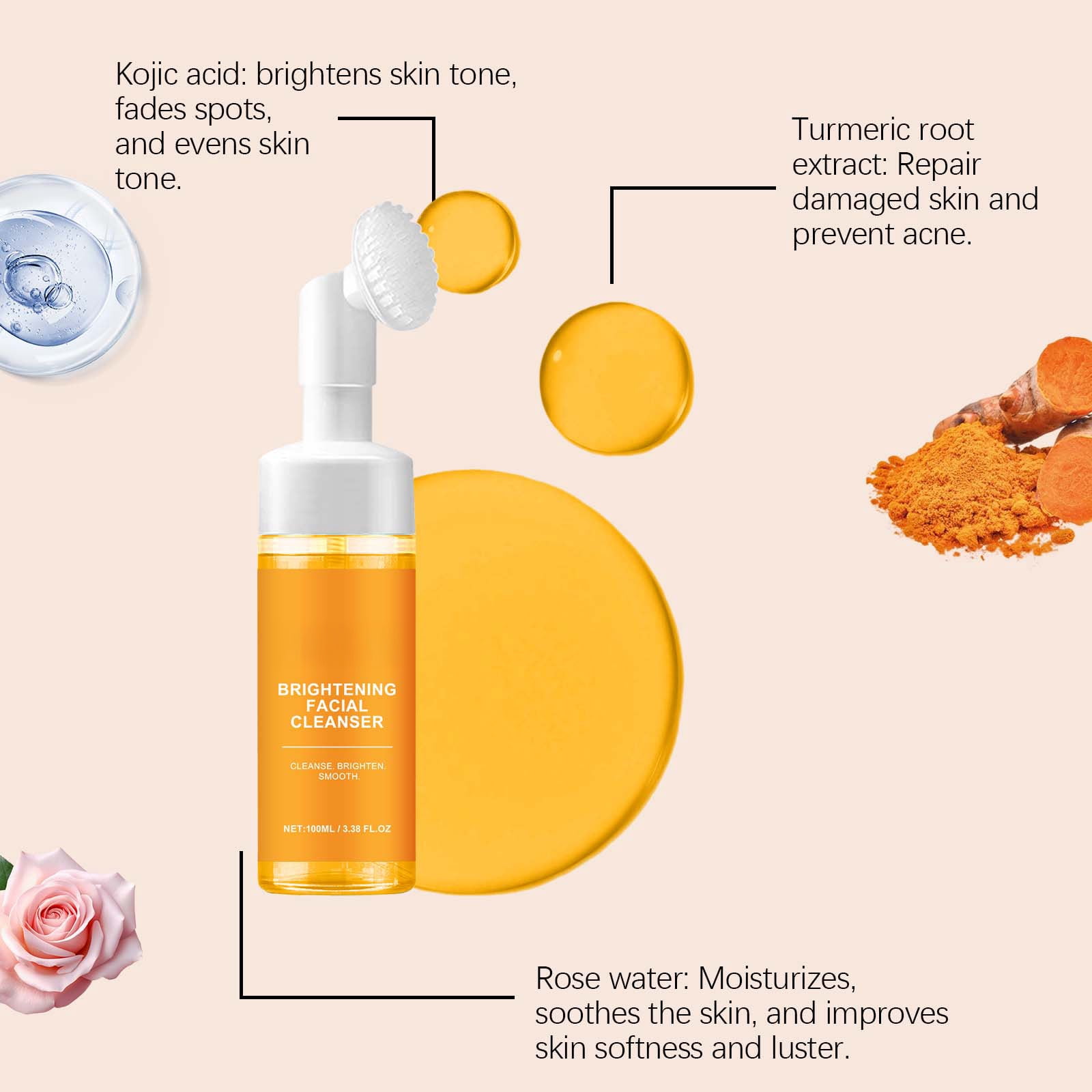 Alvantor Turmeric Face Wash Cleansing Brightening Cleanser Foam 3.38 fl.oz for All Skin Types