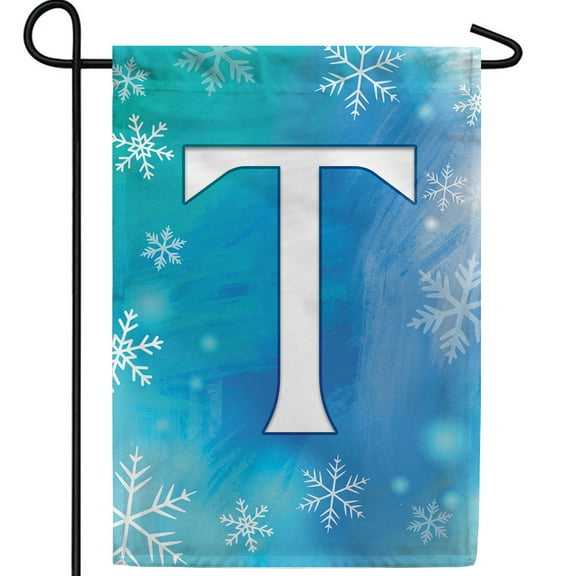 America Forever Winter Monogram Letter T Garden Flag Vertical Double Sided 12.5 x 18 inches Blue Snowflake Winter Holiday Seasonal Flags for Outdoor, Yard, Porch Decoration Snowfall Garden Flag